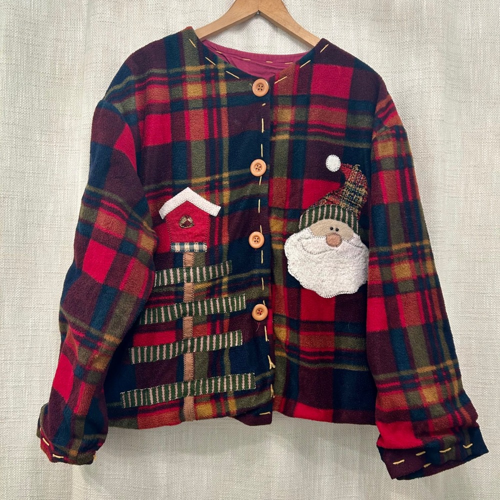 Vtg 90s Santa Christmas Jacket Large Red Plaid Flannel Folk Holiday Blazer Lined
